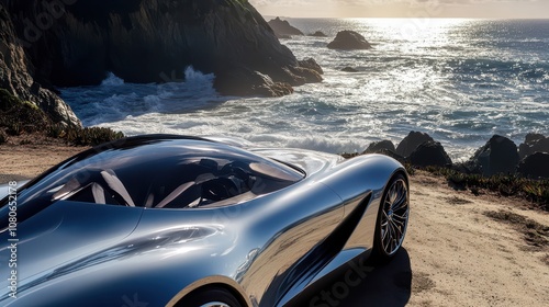 Silver car parked by ocean cliffs sunlit curves gleam waves crash below photo