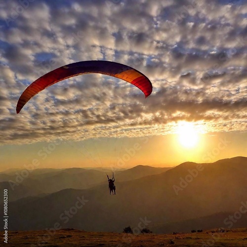 paraglider in sunset sky, paraglider flying over the mountains, lipe photo