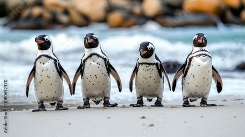Four African penguins walking on a sandy beach in a line with their wings out.