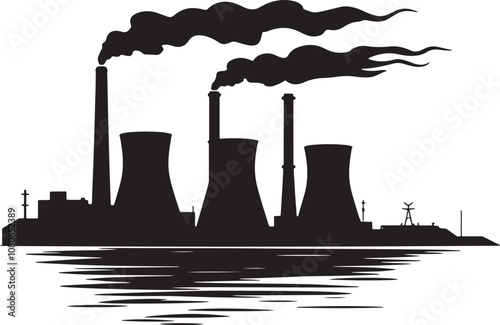 Power Station With Cooling Towers And Water Reflection Silhouette Vector Illustration Graphic