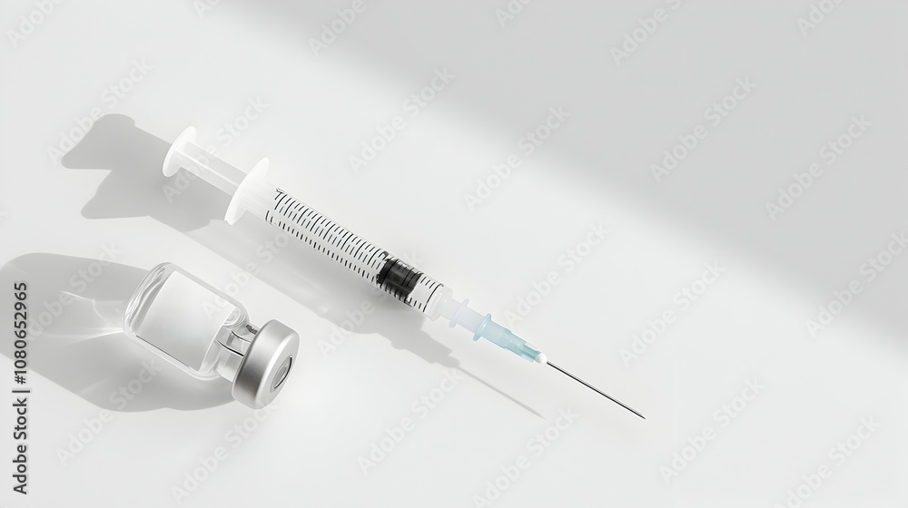 Professional Medical Setup Syringe and Labeled Vial on Sterile Table - Clean Soft Lighting Highlights Precision and Safety in Healthcare Environment Professional Medical Setup Syringe and Labeled Vial on Sterile Table - Clean Soft Lighting Highlights Precision and Safety in Healthcare Environment