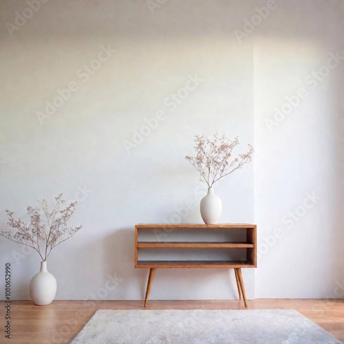 empty white room, small modern theme circle carpet, dried branch decoration, floating shelf with books, there is a white cabinet with drawers and white vase on top with table top dried plants decorati photo