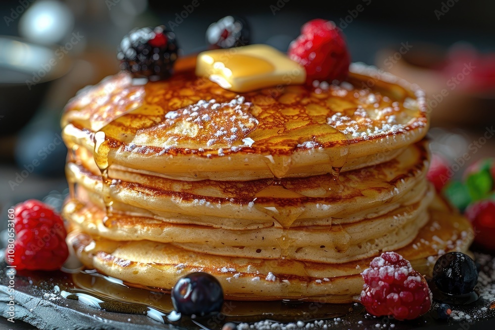 A Stack of Buttery Pancakes Drizzled with Syrup and Topped with Berries A Stack of Buttery Pancakes Drizzled with Syrup and Topped with Berries