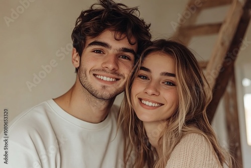 A young couple smiles at the camera while standing together in a room.