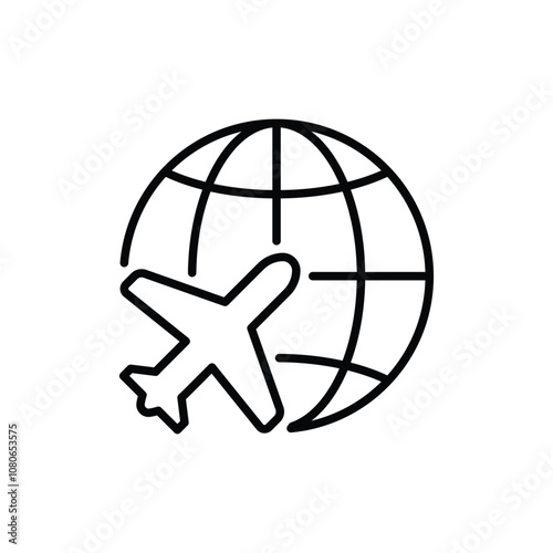 Globe plane icon. Simple outline style. Travel around the world, airplane, world map, globe, round, circle, transportation concept. Thin line symbol. Vector illustration isolated.