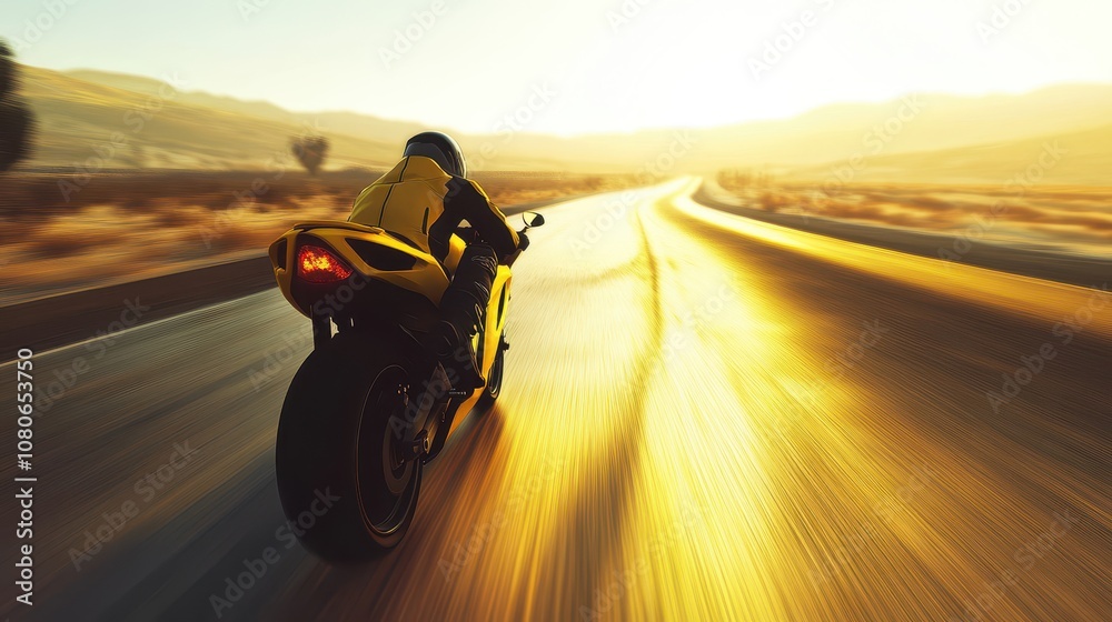 Open road ride yellow bike in rear view sunlight on road heat trails from exhaust horizon stretches under afternoon sun Open road ride yellow bike in rear view sunlight on road heat trails from exhaust horizon stretches under afternoon sun