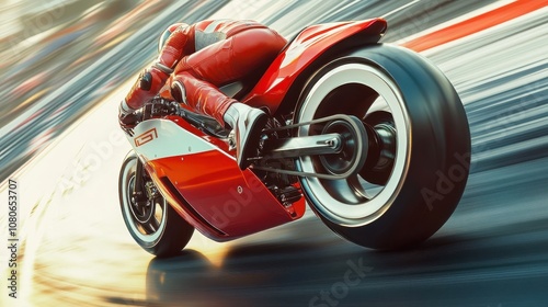 Motorcycle on racetrack curve at high speed reflective red paint shines under sun background blurred for motion effect photo