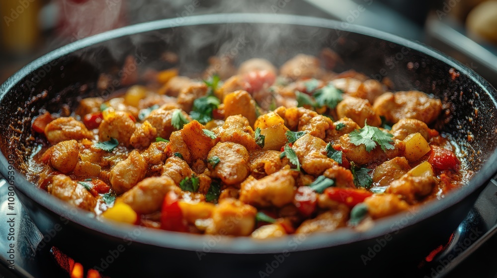 A sizzling pan of colorful and aromatic chicken curry with vibrant spices, vegetables, and herbs being cooked on a stovetop, filling the kitchen with an enticing aroma