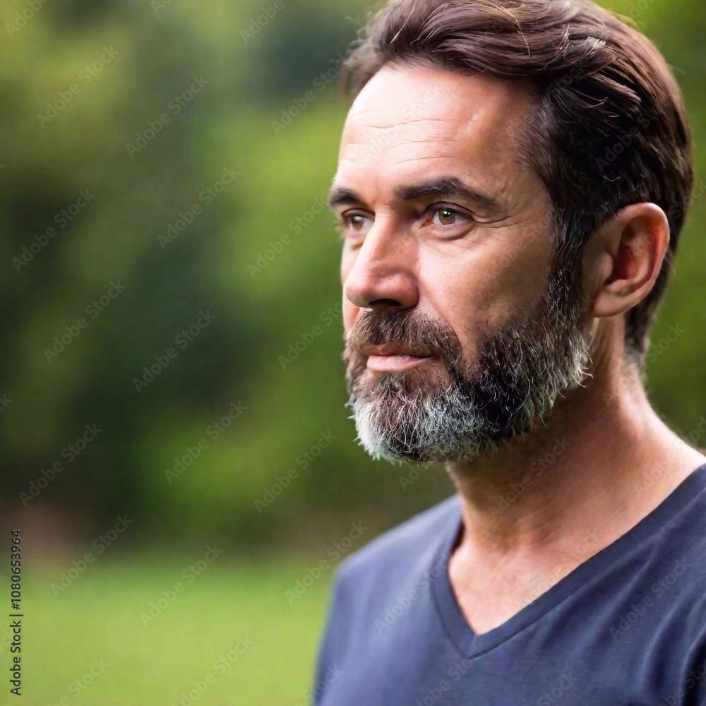 serious man standing in park. man with beard in casual clothes. male person with short hair and beard. handsome male with serious face in park serious man standing in park. man with beard in casual clothes. male person with short hair and beard. handsome male with serious face in park