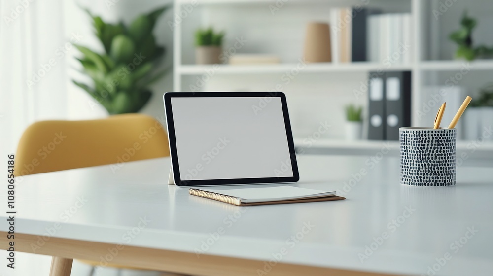 Fototapeta premium Clean white desk workspace with blank tablet and office supplies
