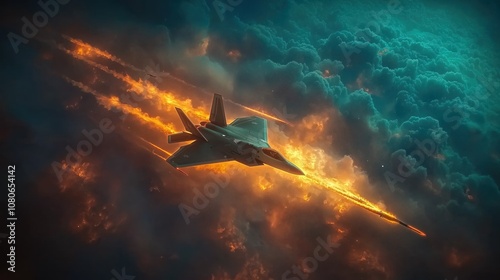 The powerful F-22 Raptor maneuvers skillfully in a heated dogfight amidst vibrant clouds and fiery trails at dusk
