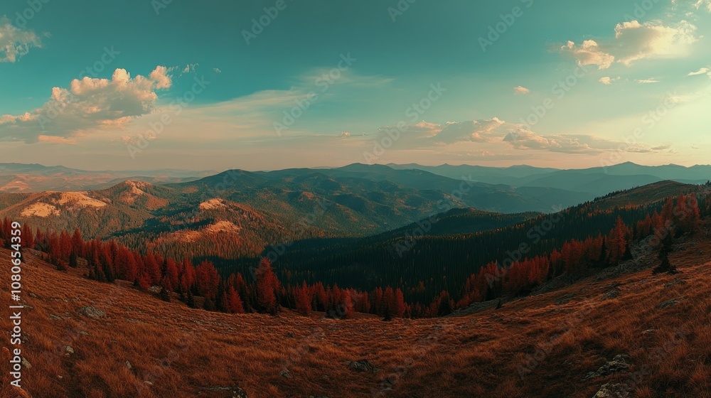 Naklejka premium Panoramic view of a mountain range with a blue sky and white clouds.