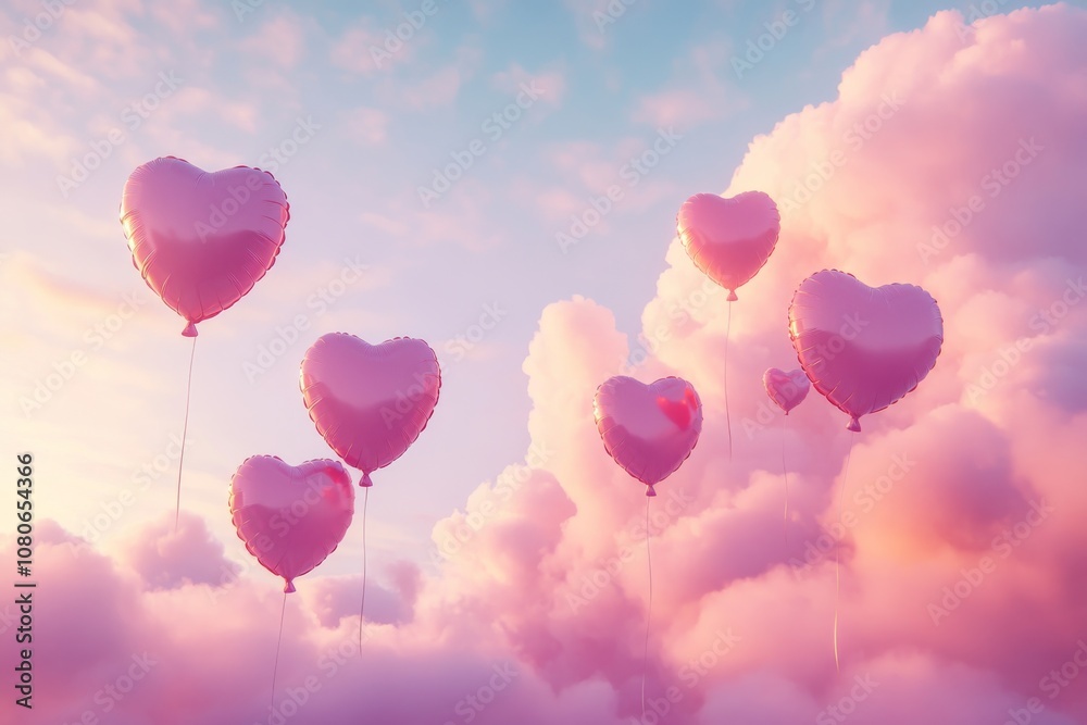 Pink Heart Balloons Floating in a Pastel Sky with Clouds