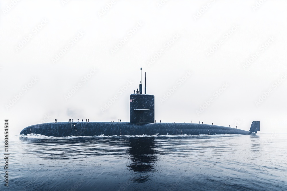 Fototapeta premium A submarine sails smoothly in the serene ocean, surrounded by fog and tranquility as dawn breaks