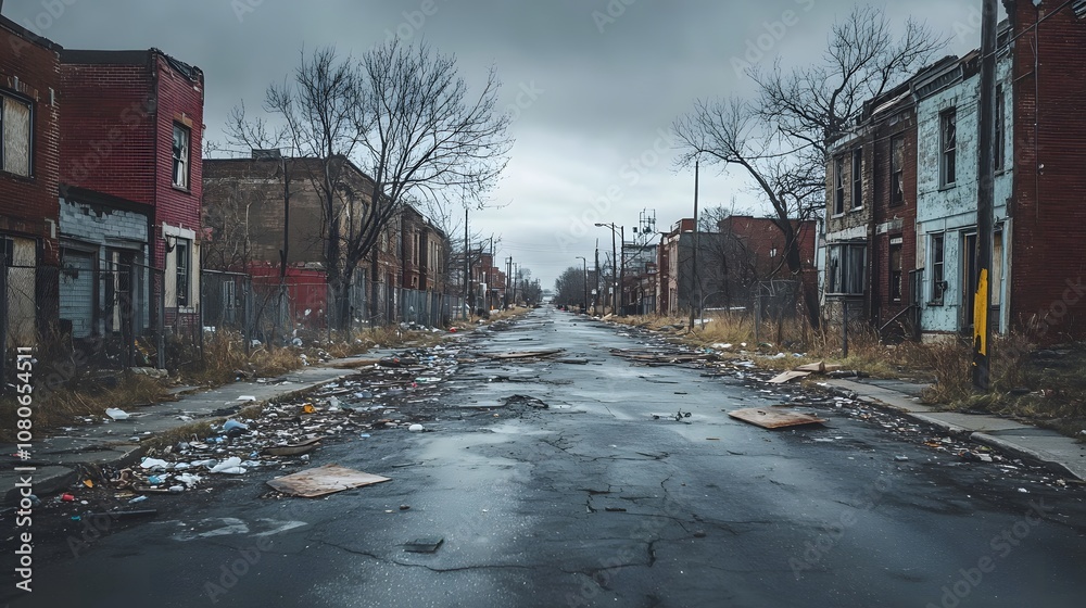 Obraz premium Desolate urban street with debris and abandoned buildings under a gray sky.