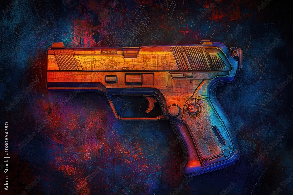 The futuristic pistol stands out against a vibrant backdrop, showcasing its unique design and caliber The futuristic pistol stands out against a vibrant backdrop, showcasing its unique design and caliber