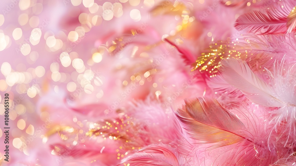 A soft, dreamy background featuring pink feathers with golden accents, creating a whimsical atmosphere. A soft, dreamy background featuring pink feathers with golden accents, creating a whimsical atmosphere.