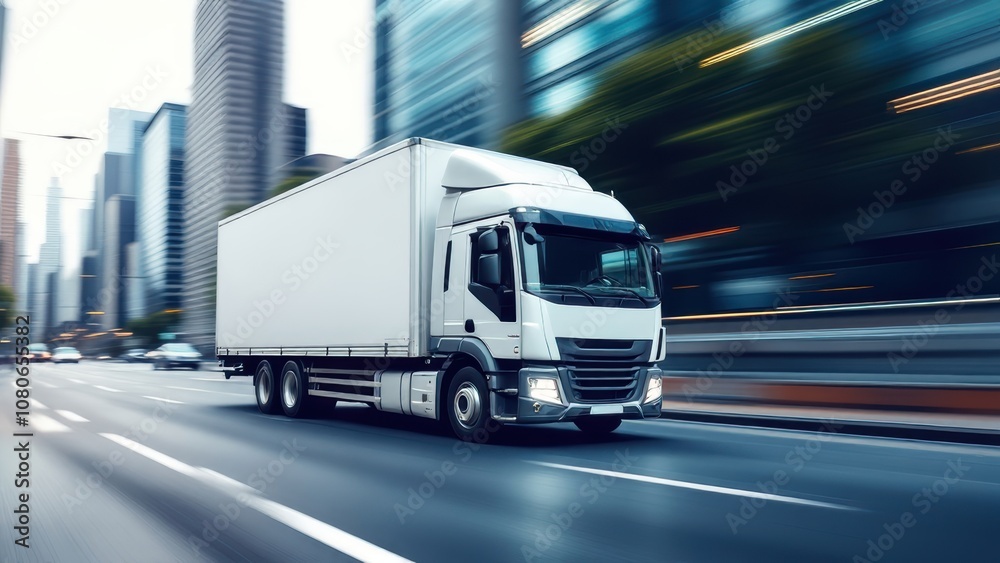 Modern truck on the highway transporting goods for logistics, shipping, and fast delivery in a high-speed transportation industry network Modern truck on the highway transporting goods for logistics, shipping, and fast delivery in a high-speed transportation industry network
