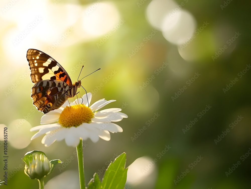Vibrant Butterfly perched on a delicate Daisy in a sunlit garden, showcasing intricate patterns and colors against a bokeh blurred background Vibrant Butterfly perched on a delicate Daisy in a sunlit garden, showcasing intricate patterns and colors against a bokeh blurred background