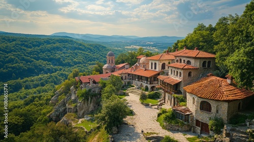 Picturesque village nestled in the mountains with a church, houses, and lush trees.