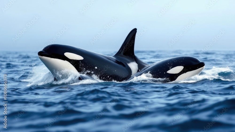 Obraz premium Orca whale jumping out of the ocean in a stunning wildlife scene, symbolizing freedom, nature, and marine life conservation.
