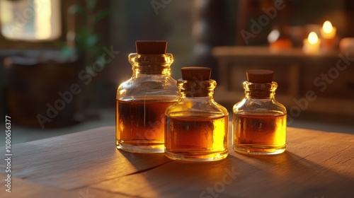 Glass Bottles with Golden Liquid on a Table