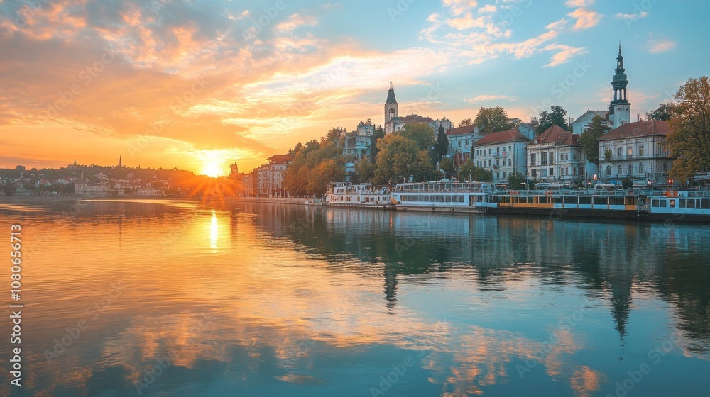 Scenic cityscape with colorful sunset sky reflecting on a calm river. Scenic cityscape with colorful sunset sky reflecting on a calm river.