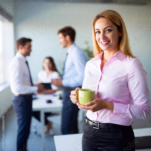 portrait of happy young businesswoman in coffee break at office