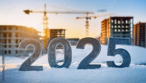 Wallpaper Mural 2025 on snow against the background of construction, New Year greetings  Torontodigital.ca