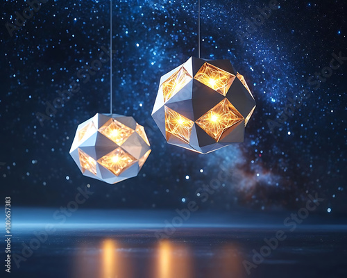 3D geometric shapes practice. Two geometric pendant lights illuminate cosmic background, creating stunning visual contrast. design features intricate polyhedral shapes. photo