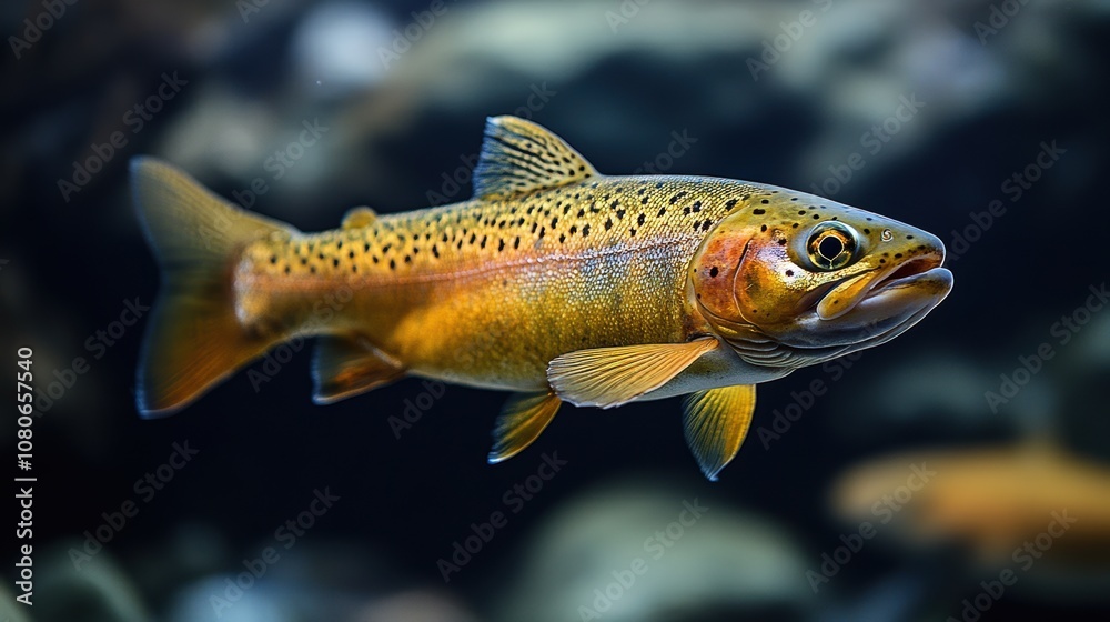 Naklejka premium A beautifully detailed image capturing a vibrant, golden-hued trout swimming gracefully in its natural aquatic habitat showcasing the intricacies of its patterned scales