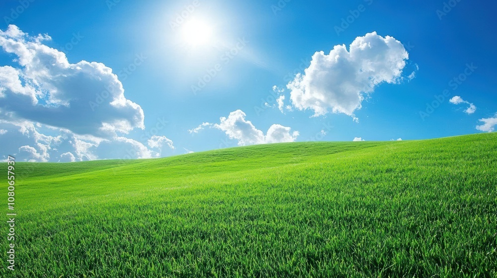 Bright Sunny Day Over Lush Green Grass Field Under Vibrant Blue Sky with Fluffy White Clouds in a Peaceful Natural Landscape Scene Bright Sunny Day Over Lush Green Grass Field Under Vibrant Blue Sky with Fluffy White Clouds in a Peaceful Natural Landscape Scene