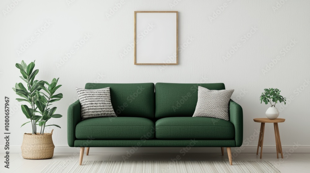 Fototapeta premium Modern interior design featuring green sofa, minimal decor, and houseplants