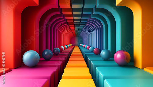 3D geometric shapes practice. Colorful geometric shapes and spheres create vibrant tunnel effect, showcasing blend of bright hues and smooth textures. design evokes sense of depth and playfulness photo