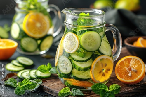 Refreshing Cucumber, Lemon, and Mint Infused Water in a Pitcher