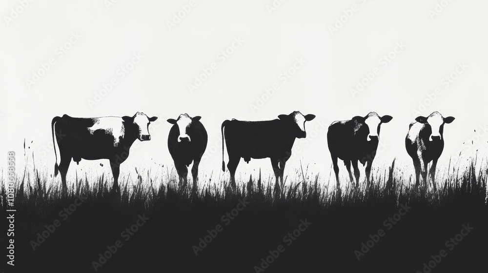 Obraz premium Minimalist black and white illustration of five cows in silhouette, standing in a field, showcasing modern art style.
