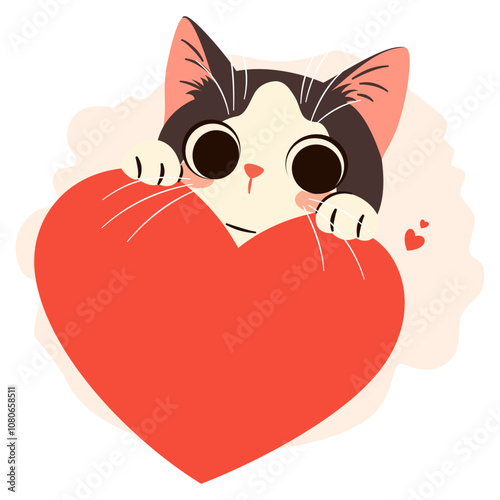 Cute vector illustration in children's style for Valentine's Day. Cute kitten hiding and peeking out from behind a big heart . Vector illustration