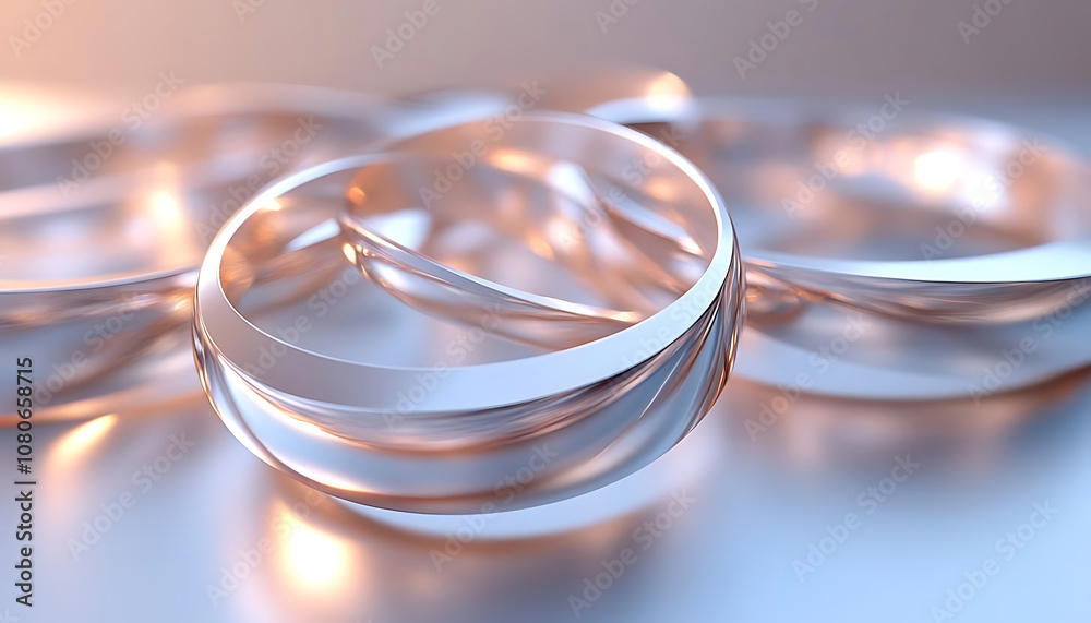 3D geometric shapes practice. Sleek metallic rings intertwined in elegant design, showcasing modern aesthetic. soft lighting enhances reflective surfaces, creating captivating visual effect