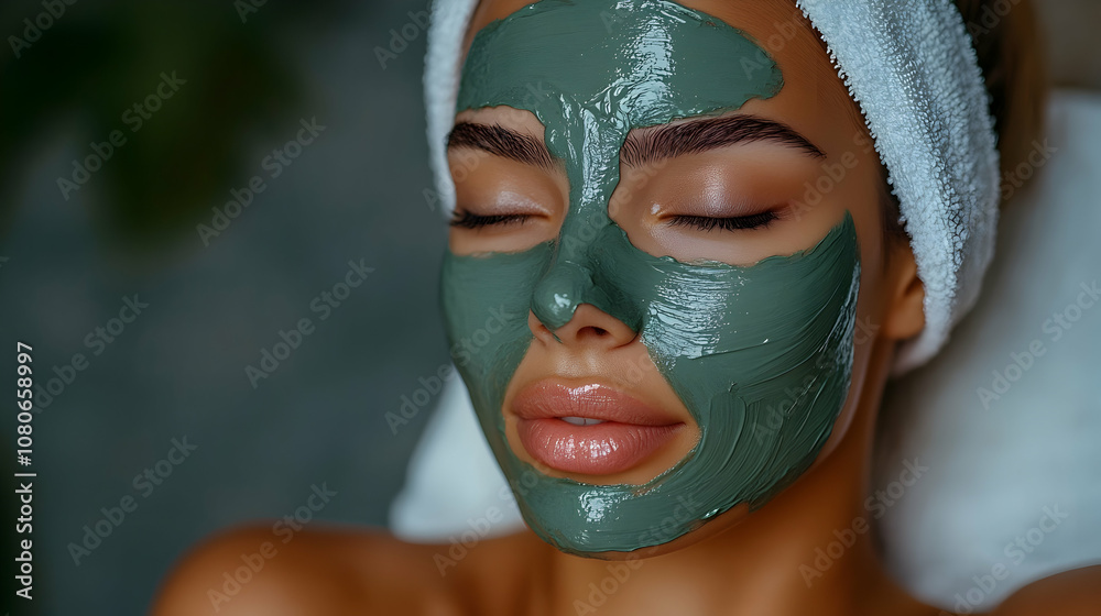 Close-up of Woman with Green Clay Mask, Relaxed Facial Treatment, Spa Day Close-up of Woman with Green Clay Mask, Relaxed Facial Treatment, Spa Day
