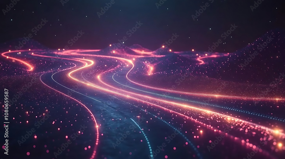 3D geometric shapes practice. Abstract digital landscape with glowing lines and connected shapes, creating vibrant and dynamic scene. colorful paths evoke sense of movement and energy 3D geometric shapes practice. Abstract digital landscape with glowing lines and connected shapes, creating vibrant and dynamic scene. colorful paths evoke sense of movement and energy