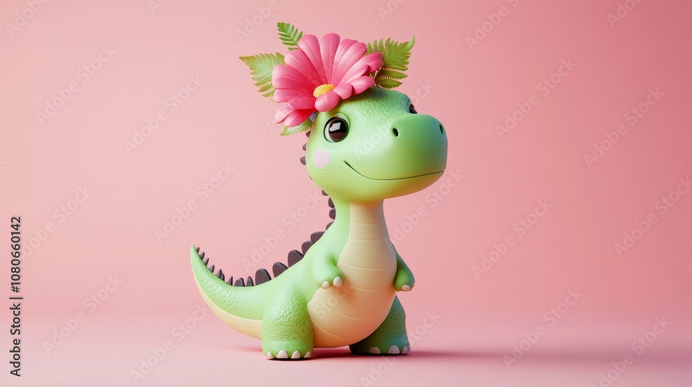 Naklejka premium Cute green baby dinosaur wearing a pink flower crown