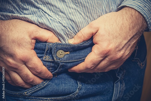 Man Pulling Up Tight Jeans Overweight Weight Loss Waistline Body Image photo