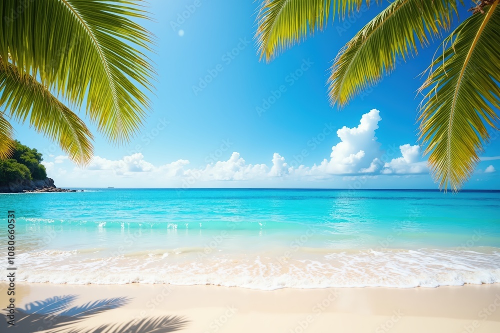 Tropical paradise beach with palm trees, turquoise water, and blue sky. Tropical paradise beach with palm trees, turquoise water, and blue sky.