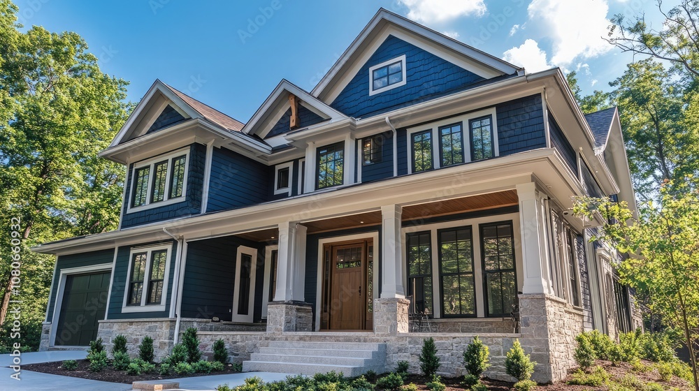A modern two-story house with a blue exterior, white trim, and a stone foundation. A modern two-story house with a blue exterior, white trim, and a stone foundation.