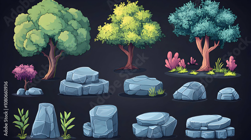 Cartoon 2D Game Assets: Trees, Rocks, and Plants for Fantasy Game Development