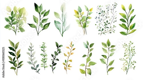 Wallpaper Mural Illustrations of ornamental plants. A collection of watercolor depictions highlighting leaves, stems, and linear patterns. Ideal botanical designs for home styling, wall coverings, and displays Torontodigital.ca
