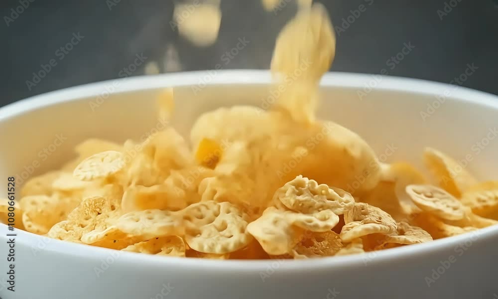 Golden Cornflakes Falling into Bowl with Detailed Close-Up Against Dark Background