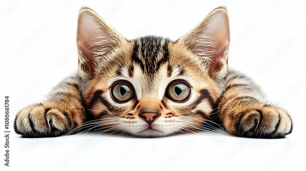 Fototapeta premium Adorable Tabby Kitten Lying Down, Paws Forward, Big Eyes, White Background, Studio Shot.