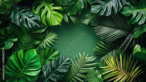 Flat lay of tropical leaves with blank space in the center, background template, natural and vibrant