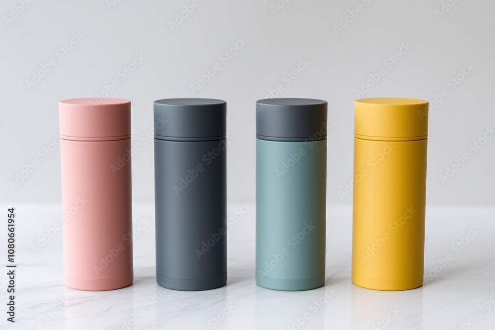 Four Colorful Stainless Steel Thermos Bottles on Marble Background Four Colorful Stainless Steel Thermos Bottles on Marble Background